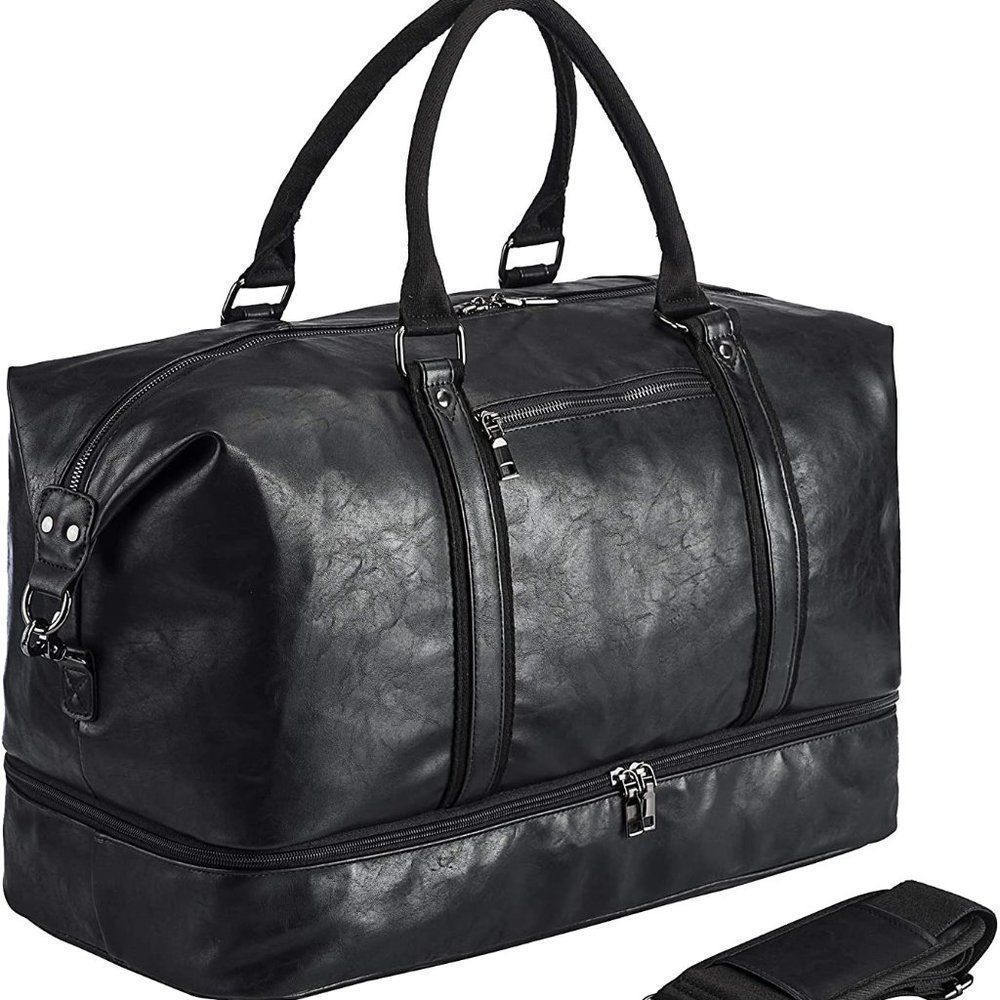 New Leather Travel Bag With Shoe Pouch Black